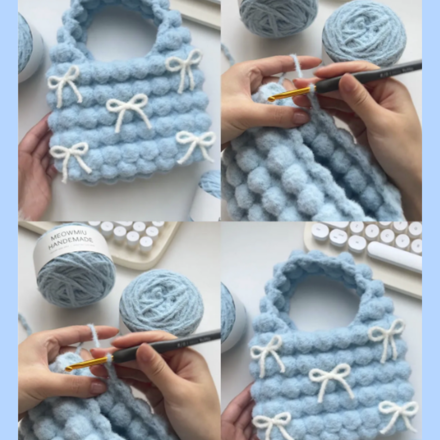 Cloud Bows β Puff Crochet Handbag β Sky Blue