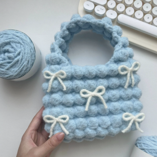 Cloud Bows – Puff Crochet Handbag  – Sky Blue